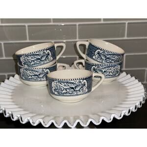 Set of 6 Currier Ives Blue and White Tea Cup Star of the Road Lady Wagon Horses